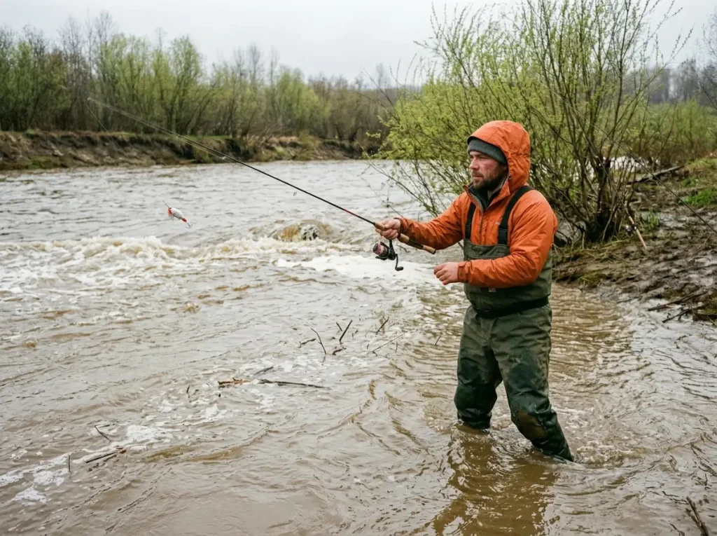 Angler spin fishing in high off-color spring runoff water, casting spinner into stained current