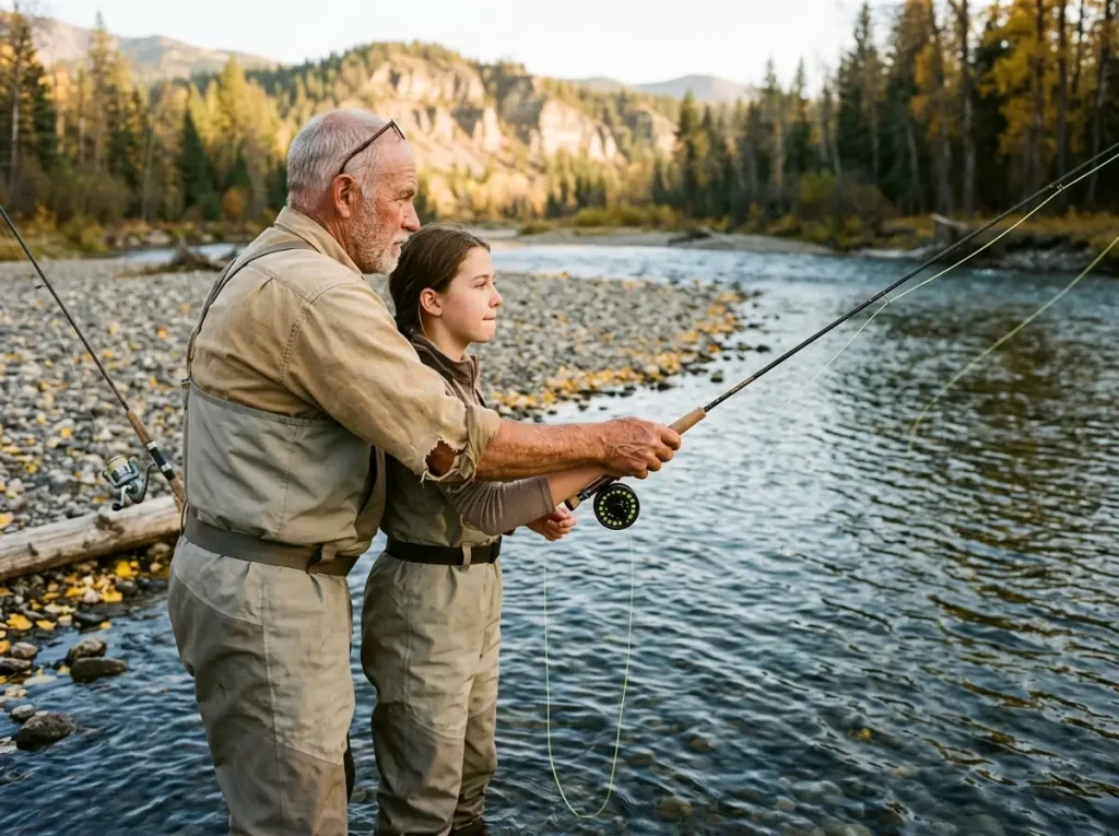 Experienced angler teaching a teenager to fly cast at the edge of a river, spin rod visible nearby
