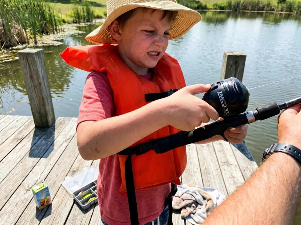 A young kid pressing the button on a Zebco 33 spincast reel while fishing off a dock