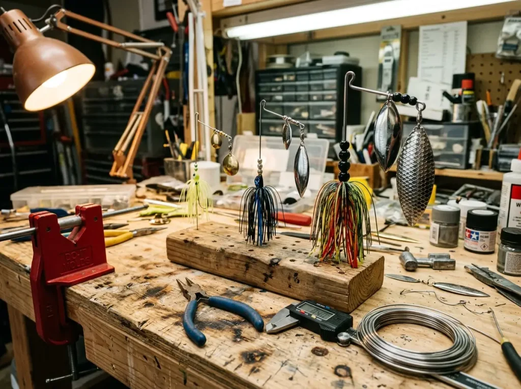Spinnerbait wire forms in different gauges on lure-building workbench with pliers and mold