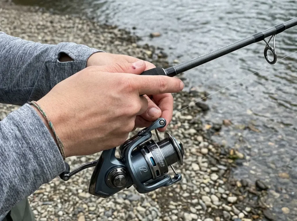 Close-up of a Pflueger President spinning reel and open bail, the default first reel for beginners