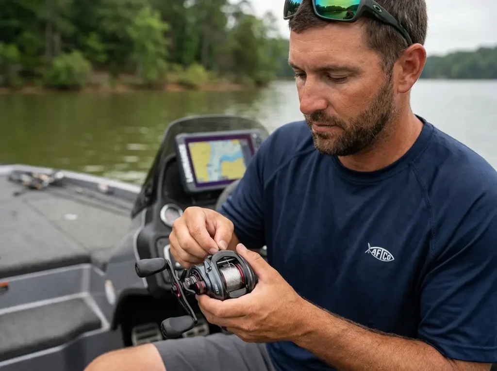 Angler tightening spool tension knob on baitcaster to remove a backlash