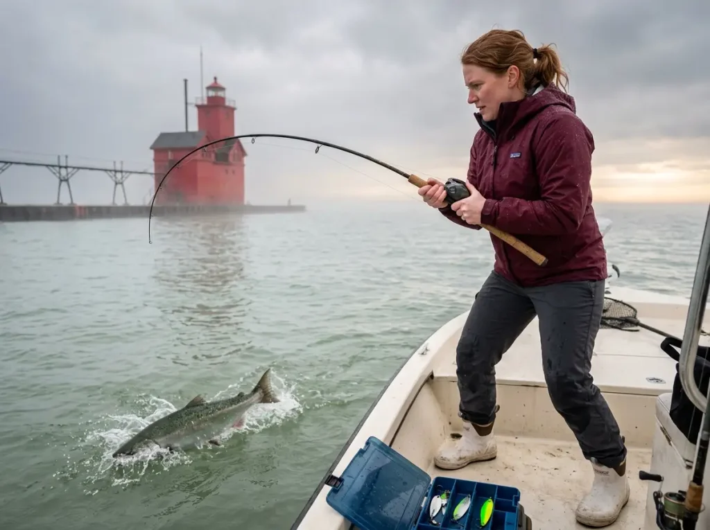 Angler landing a coho salmon from a small boat near St. Joseph Michigan pier