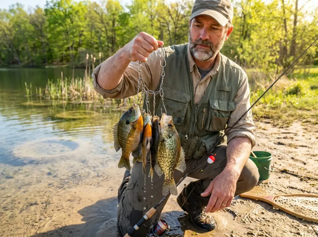 Spring panfish on a stringer held over shallow spawning water