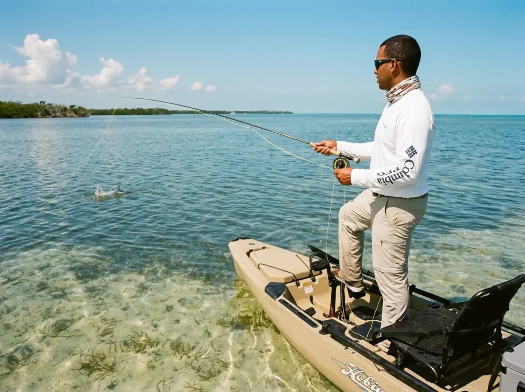 Angler standing on a fishing kayak platform sight casting on shallow flats