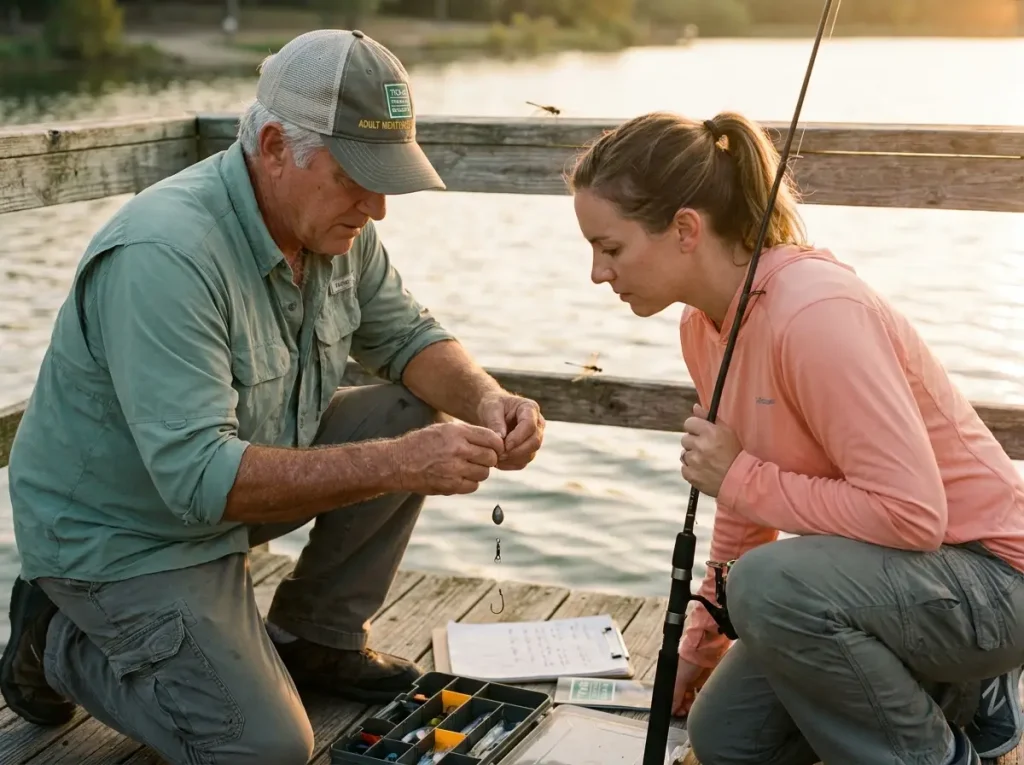 State fish and wildlife volunteer mentor showing a new angler how to rig a Carolina rig at a public fishing pier.