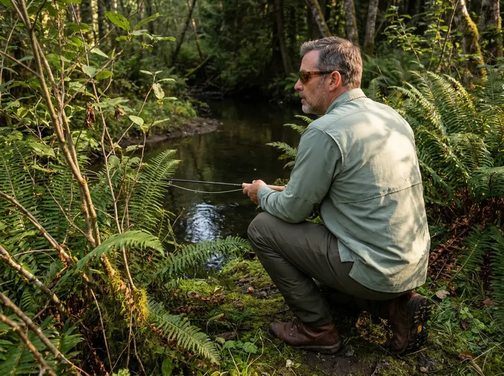 Angler holding a small Panther Martin spinner with a brook trout stream in the background