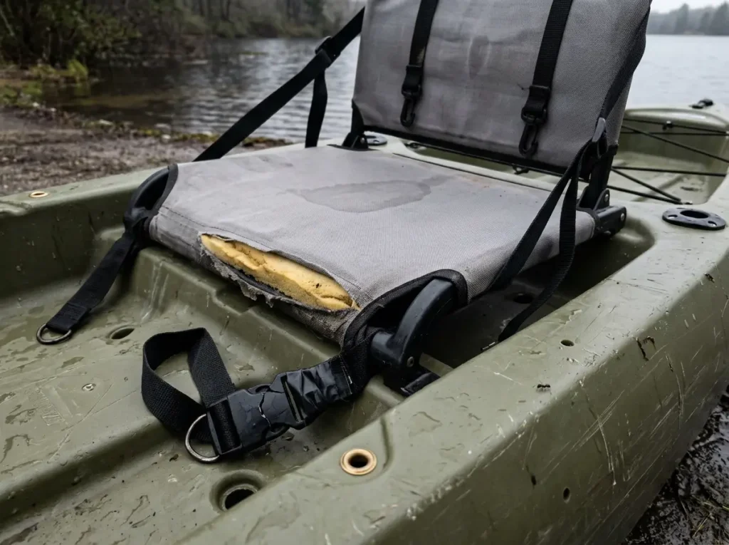 Thin factory kayak seat on bare plastic sit-on-top hull showing minimal padding