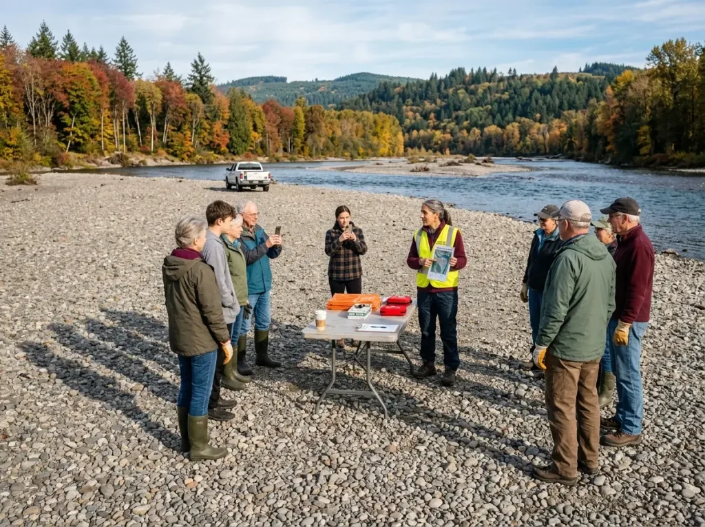 Volunteer coordinator briefing a cleanup crew at a river access point before the event starts