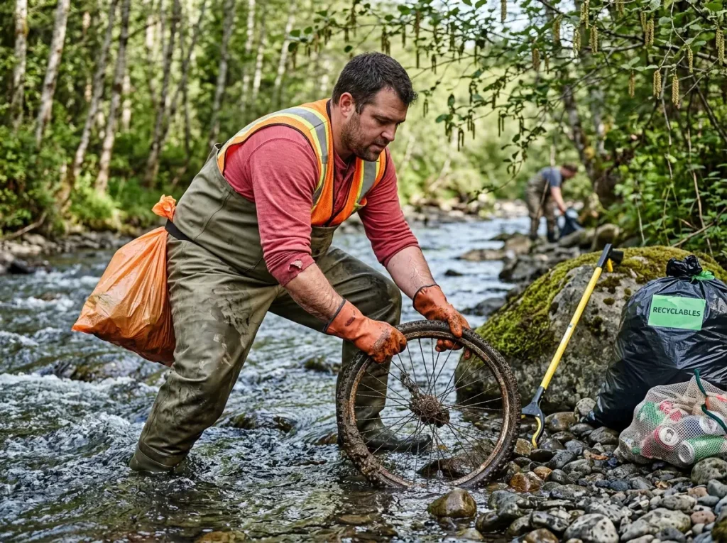 Volunteer wearing rubber waders and thick gloves carefully removing debris from a rocky streamside