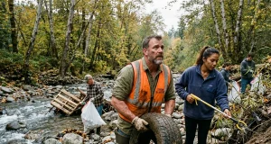 Stream Cleanup Volunteering Is More Than Picking Up Trash Volunteer group pulling debris from a rocky stream bank during a morning cleanup event