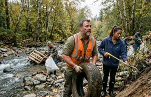 Stream Cleanup Volunteering Is More Than Picking Up Trash Volunteer group pulling debris from a rocky stream bank during a morning cleanup event