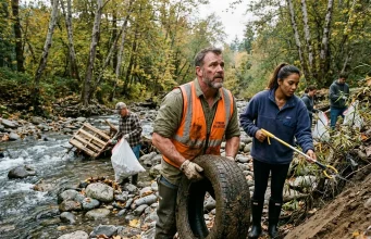 Stream Cleanup Volunteering Is More Than Picking Up Trash Volunteer group pulling debris from a rocky stream bank during a morning cleanup event