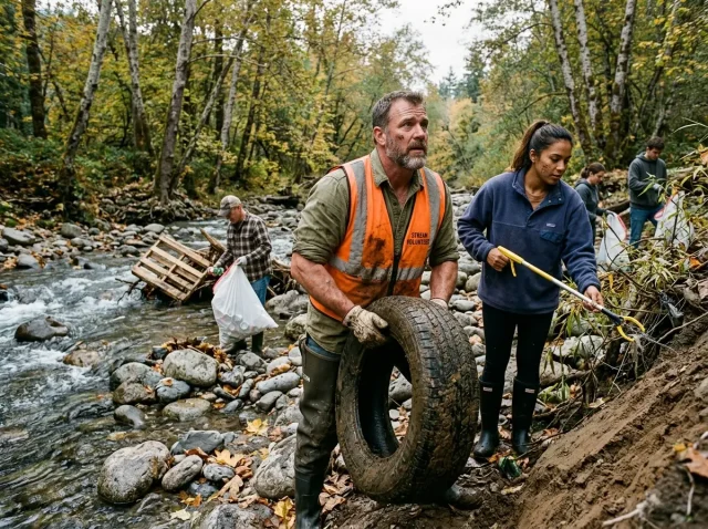 stream-cleanup-volunteer-group-river-bank Volunteer group pulling debris from a rocky stream bank during a morning cleanup event