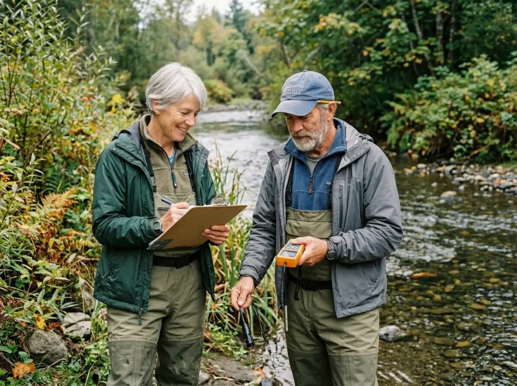 Two regular stream volunteers reviewing water quality data on a clipboard beside a restored stream bank