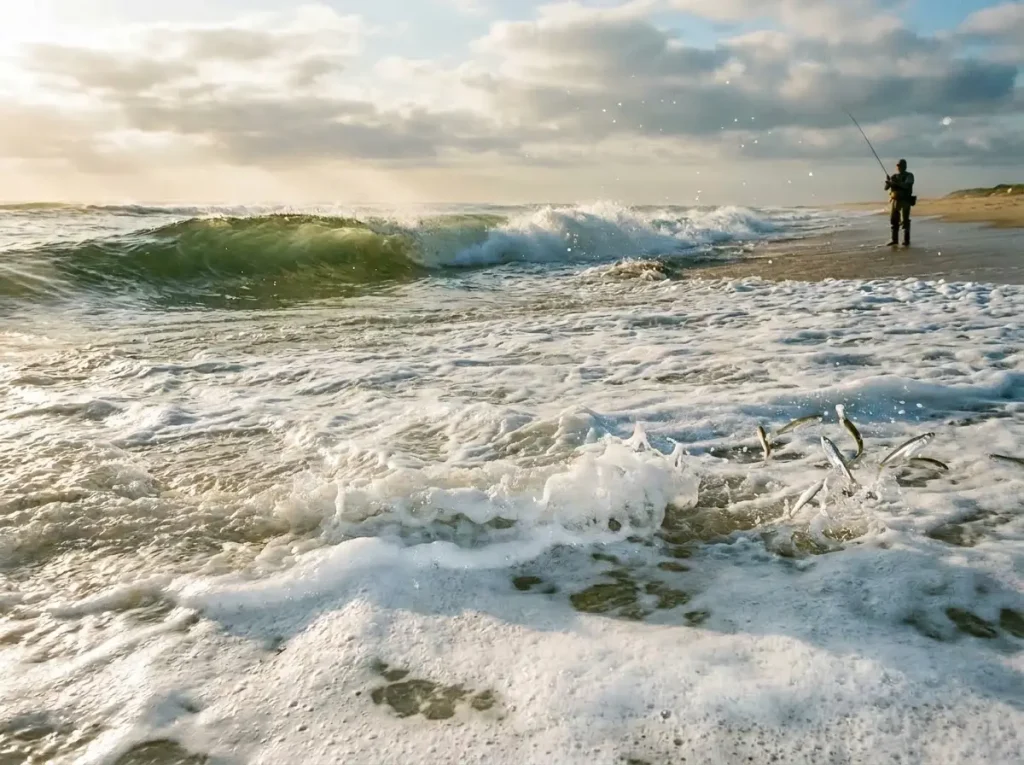 Striped bass feeding in turbulent whitewater near a sandbar break