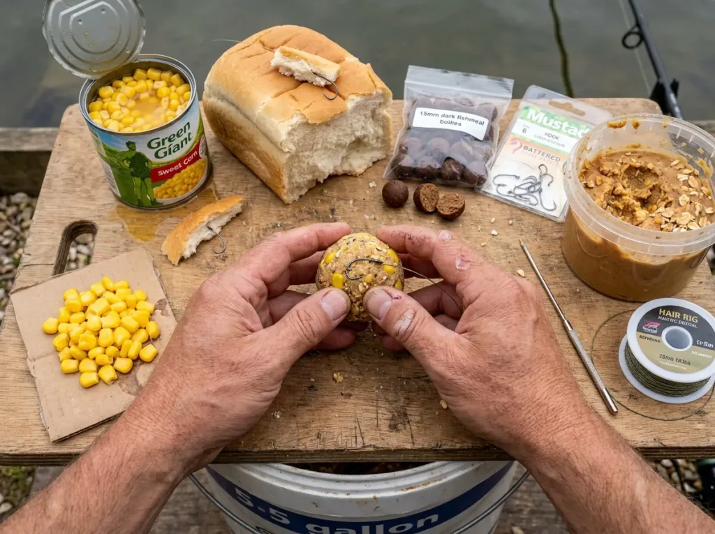 Close-up of summer carp baits arranged on a bait table including corn, pack bait, bread, and boilies