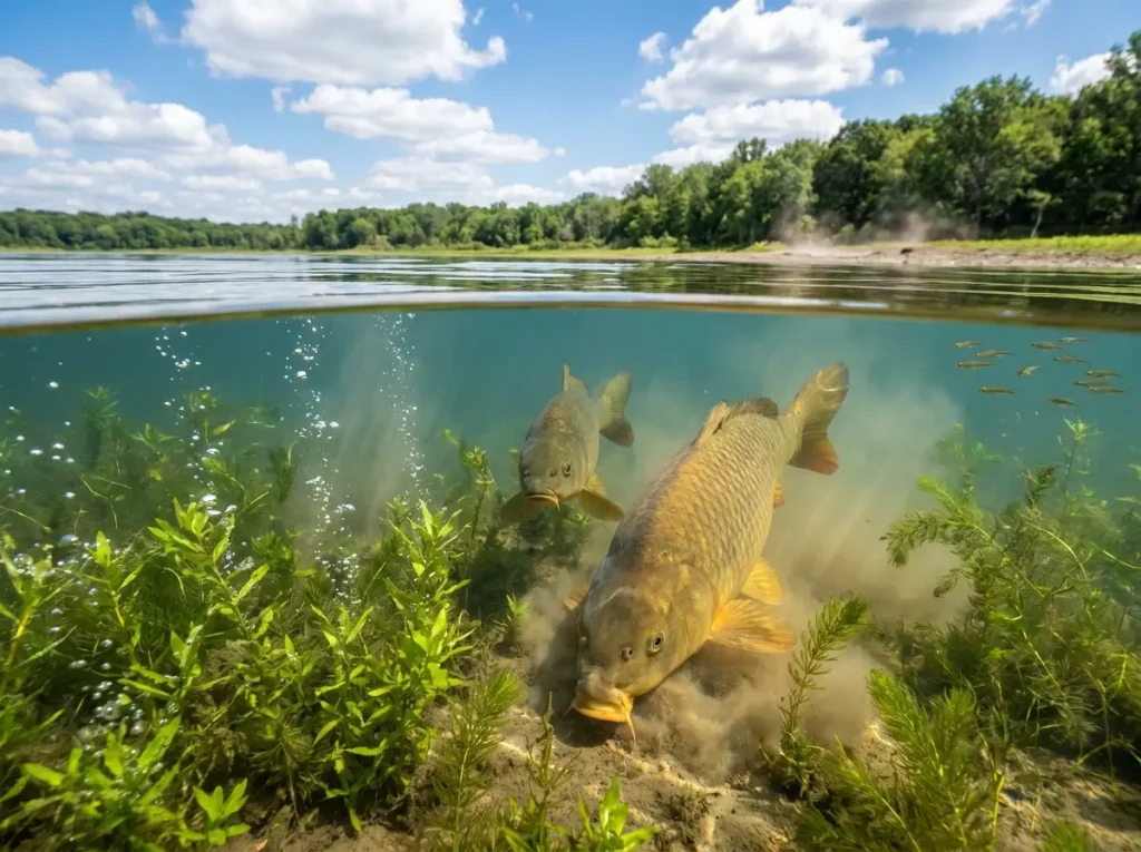 Summer lake cross-section showing warm shallow water with aquatic plants and carp feeding near weed beds