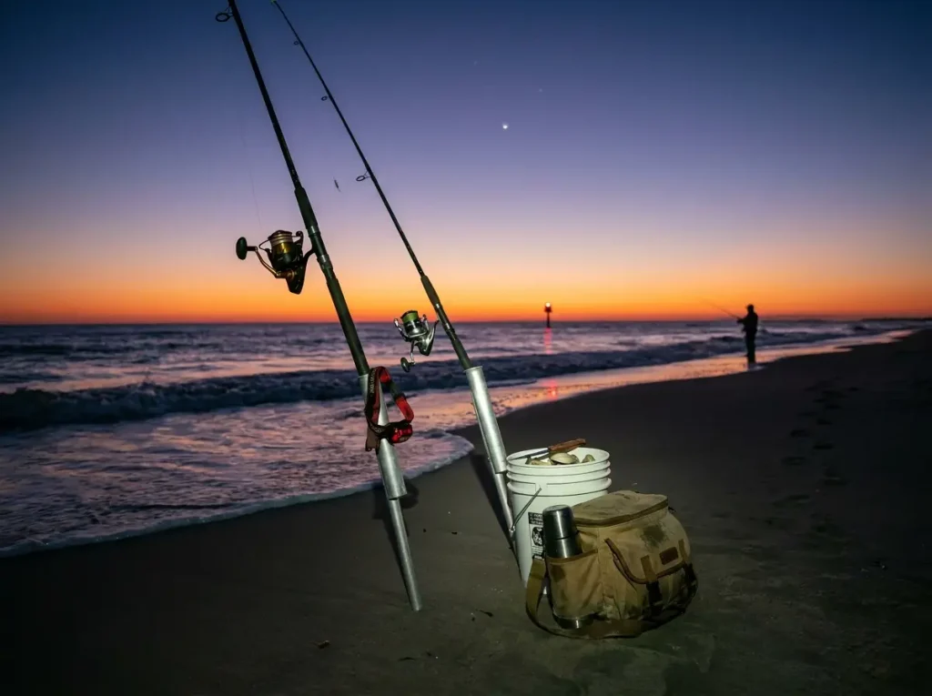 Surf fishing rod in sand spike at dusk with incoming tide and darkening sky