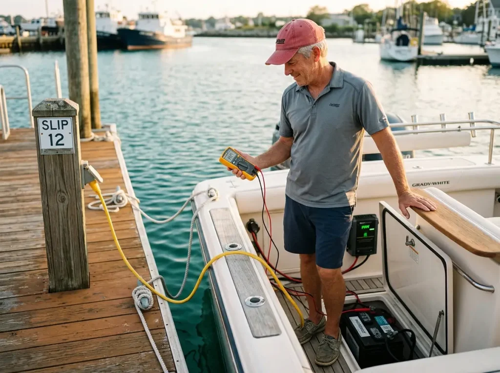 Angler testing marine battery charger output with multimeter at dock