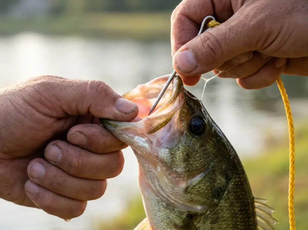 Close-up of hands threading stringer needle through bass lower jaw membrane