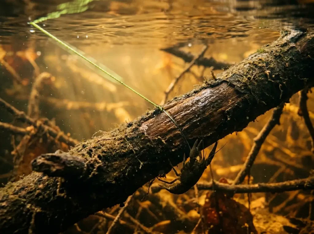 Close-up of fishing line pulled tight against submerged wood showing stress on braided line