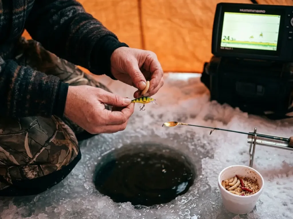 Angler tipping a small ice jig with a wax worm over a frozen lake hole