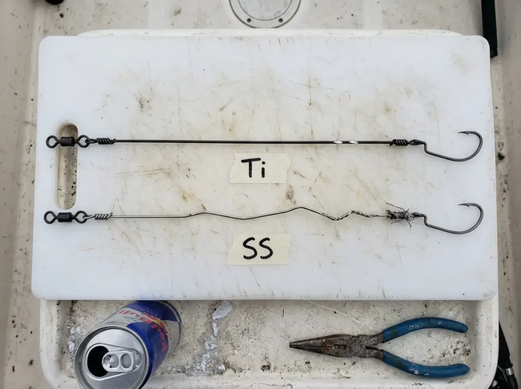 Side by side comparison of used titanium and stainless steel fishing wire leaders showing wear difference