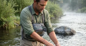 Wading Tool Retractor Guide to What Fails First Wading angler reaching for nippers on a Fishpond retractor clipped to his chest pack in a river