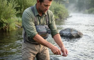 Wading Tool Retractor Guide to What Fails First Wading angler reaching for nippers on a Fishpond retractor clipped to his chest pack in a river
