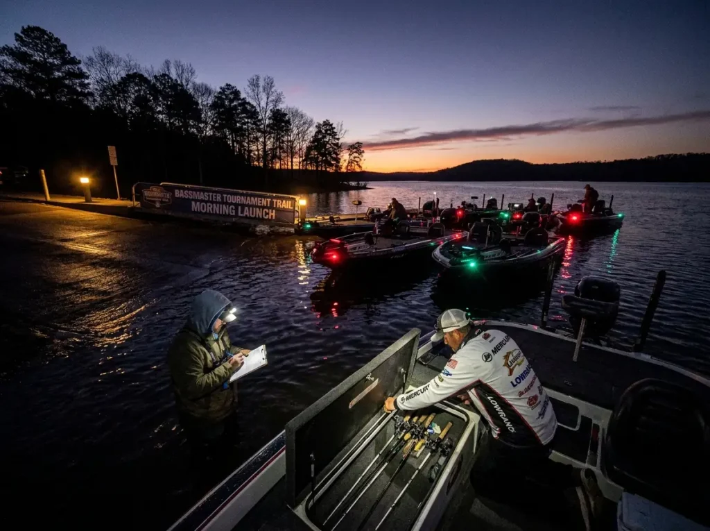Tournament bass boats lined up at launch with anglers preparing tackle at dawn