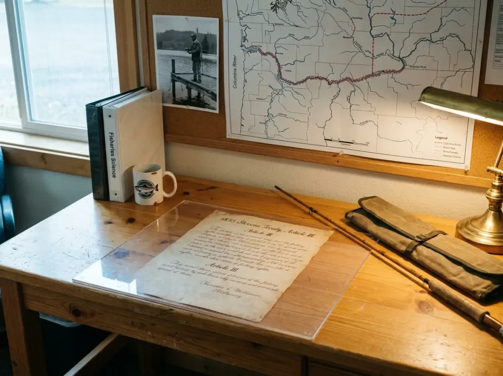Close-up of an 1855 treaty document open beside a fishing rod and a tribal commission map on a wooden desk.