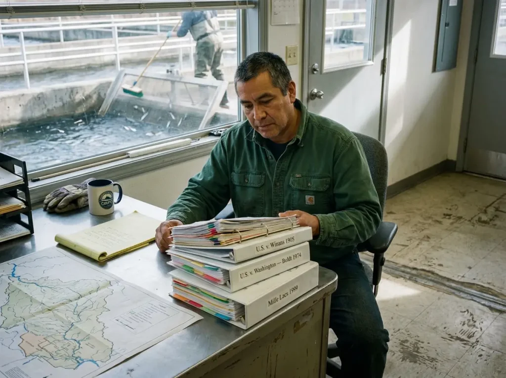 Tribal fisheries biologist reviewing a stack of court case binders in a hatchery office overlooking a salmon raceway.