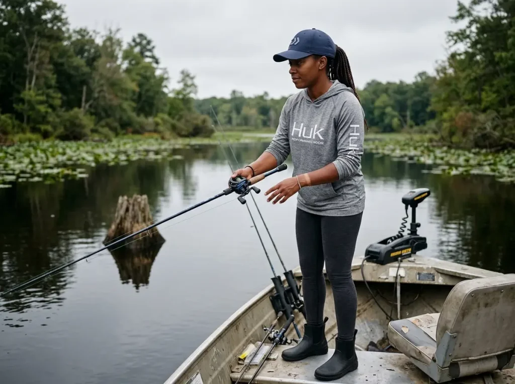 Angler demonstrating the trigger pop technique with rod pointed at snag and slack line