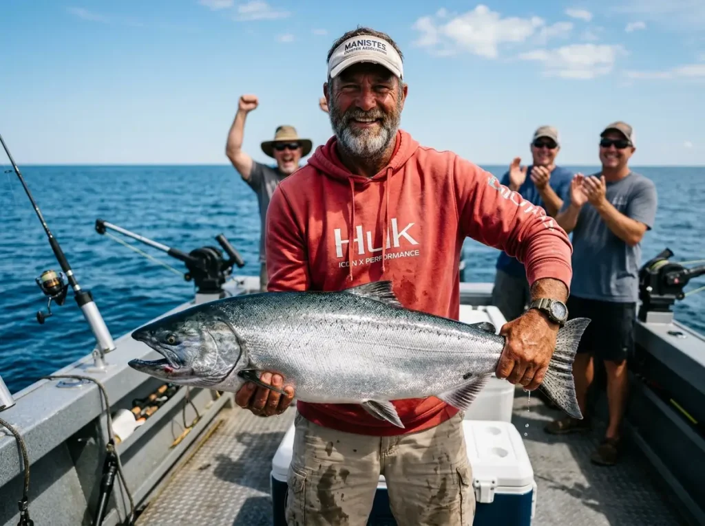 Trophy Chinook king salmon held by charter captain on Lake Michigan near Manistee