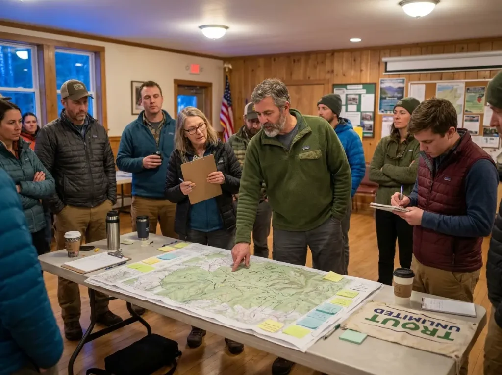 Trout Unlimited chapter meeting at a community hall with anglers reviewing a stream restoration map.