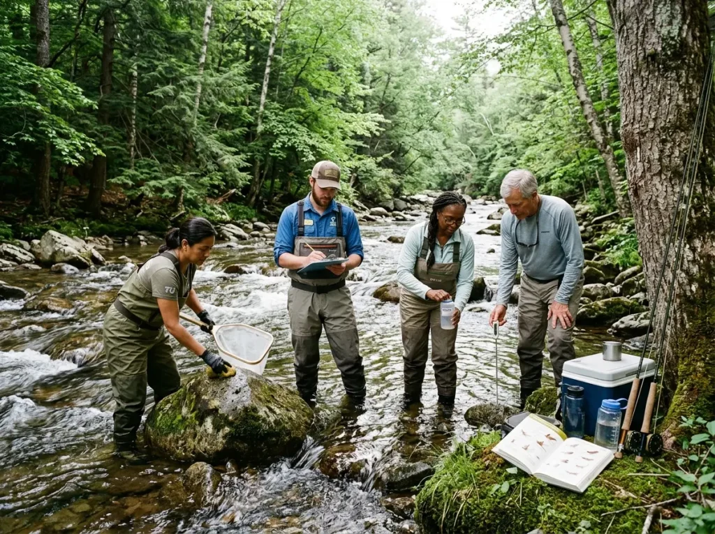 Group of volunteer anglers collecting water samples at a Trout Unlimited stream event
