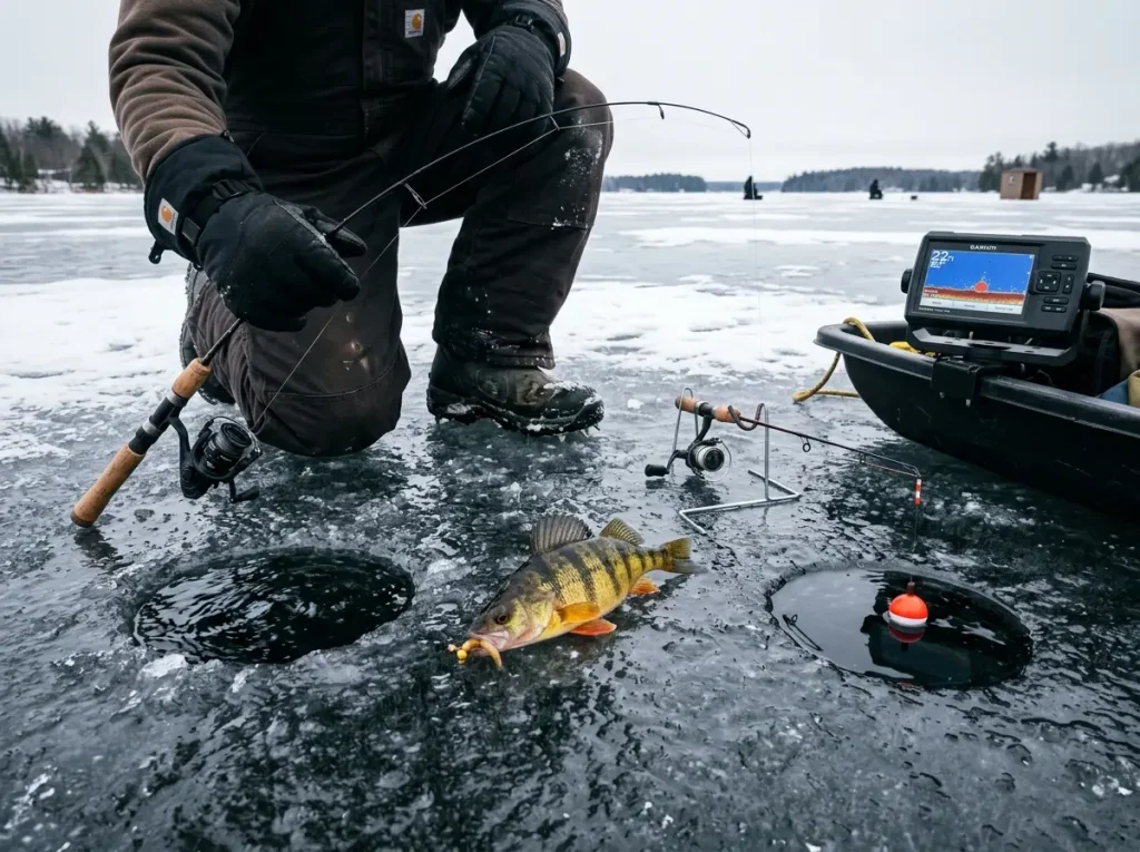 Two ice fishing rods set up side by side over separate holes on a frozen lake