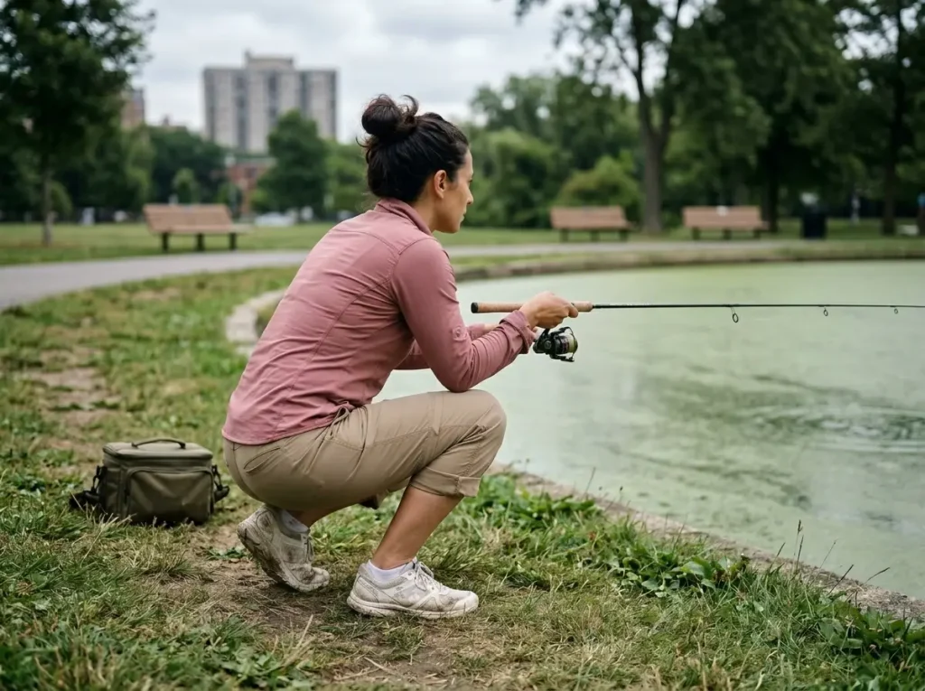 Angler in low crouch position approaching city pond edge to avoid casting shadow on water
