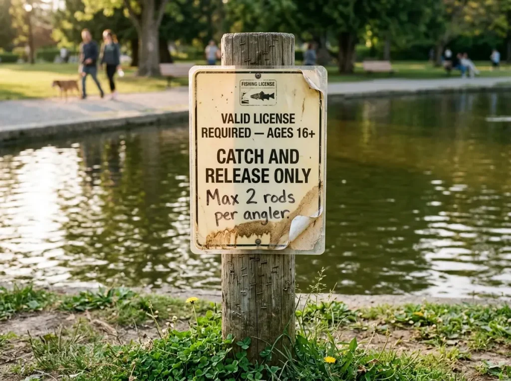 Fishing regulations sign at city park pond showing license requirement and catch-and-release rules