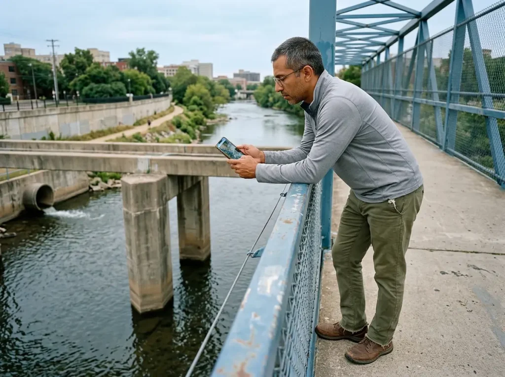 Angler studying river structure from a pedestrian bridge with phone and urban waterway below