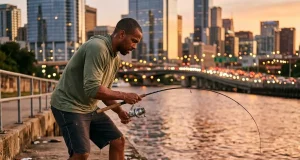 Fishing the City? 9 Urban Spots That Actually Produce Angler landing a fish on a concrete bank with city skyline glowing at dusk behind him