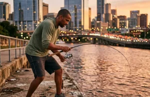 Fishing the City? 9 Urban Spots That Actually Produce Angler landing a fish on a concrete bank with city skyline glowing at dusk behind him