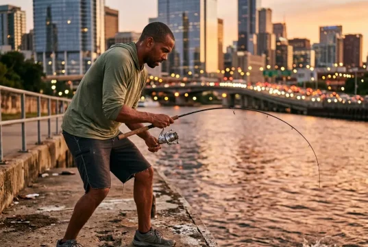 Fishing the City? 9 Urban Spots That Actually Produce Angler landing a fish on a concrete bank with city skyline glowing at dusk behind him