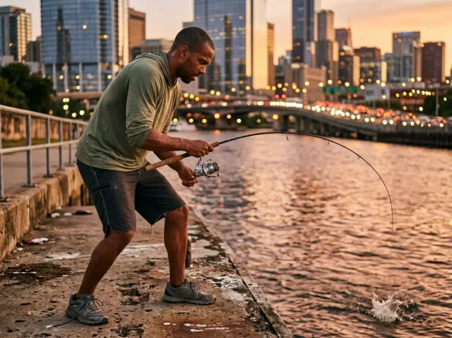 urban-fishing-spots-city-skyline-angler Angler landing a fish on a concrete bank with city skyline glowing at dusk behind him