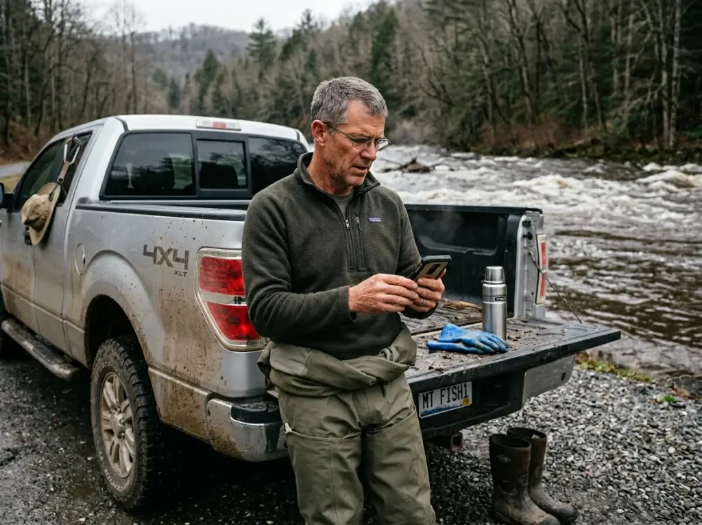 Angler checking USGS streamflow data on a phone before a stream cleanup event