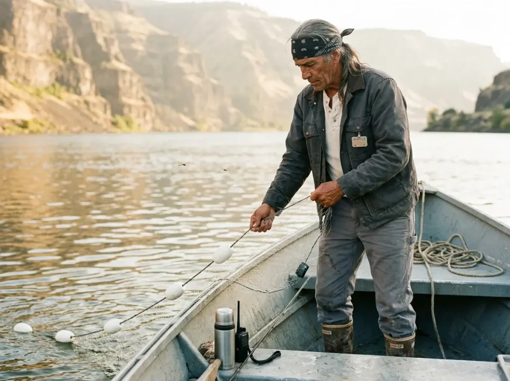 Tribal fisherman setting a gillnet at a usual and accustomed fishing place on the Columbia River.