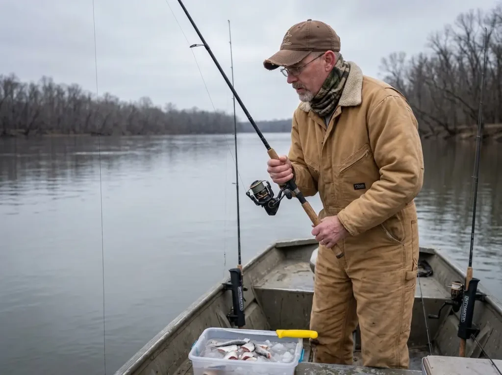 Angler vertical fishing for suspended catfish from anchored boat on a cold winter day
