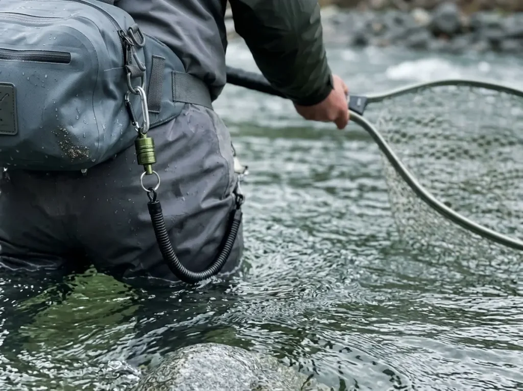 Landing net on a magnetic release riding at the back of a wading angler in moving current