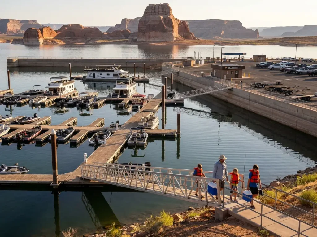 Wahweap Marina at Lake Powell with boats docked against desert canyon backdrop